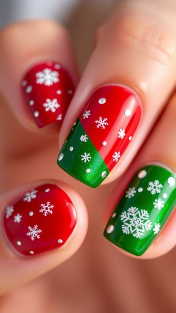 Two-Tone Christmas Nail Art Design Two-tone Christmas nails in red and green with snowflake designs.